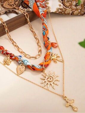 Boho Sun Charm Layered Scarf Necklace